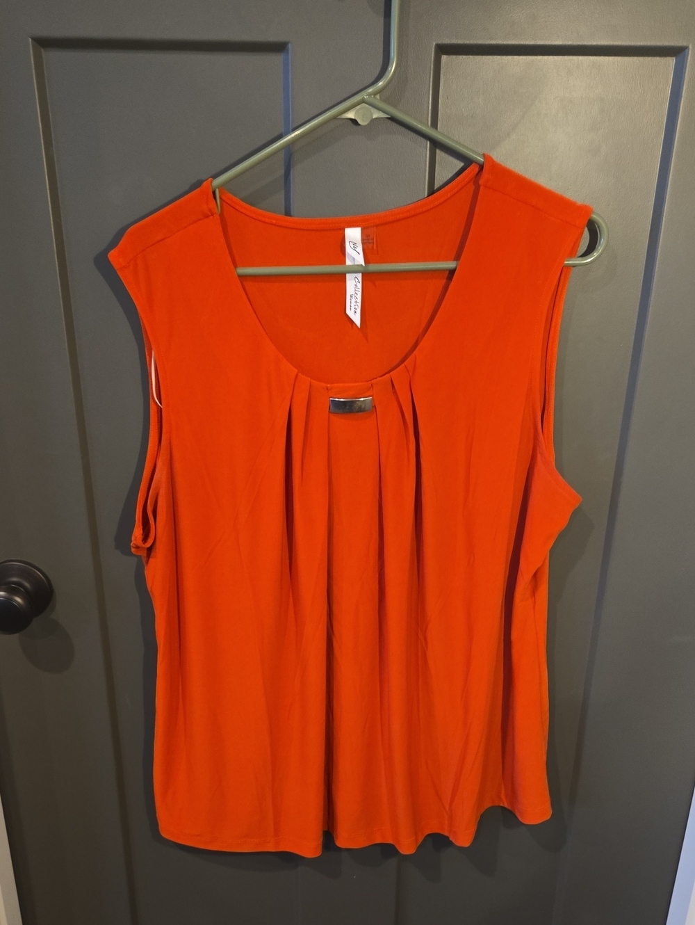 NY Collection Orange Sleeveless Pleated Tank with Metal Accent